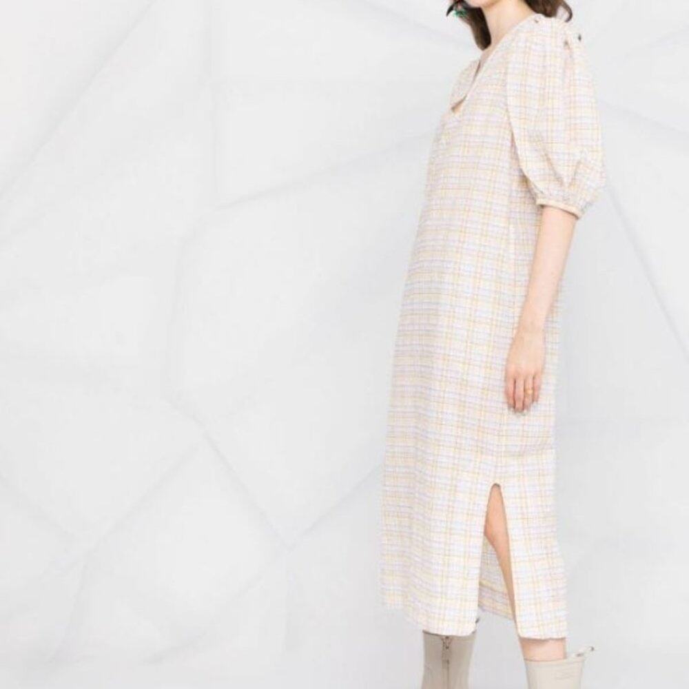 GANNI Seersucker Check Print Puff Sleeve Midi Dress - Picture 5 of 14